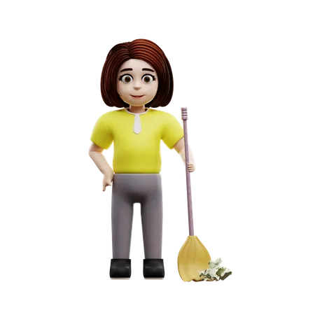 Girl student sweeping  3D Illustration