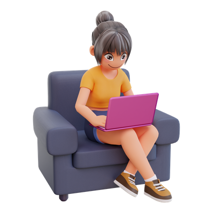 ノートパソコンで勉強する少女  3D Illustration