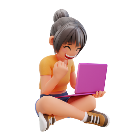 Girl study in laptop at home  3D Icon