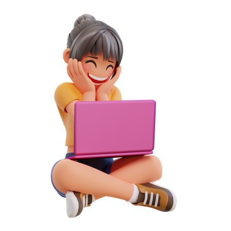 Girl study in laptop at home  3D Icon