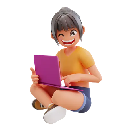 Girl study in laptop at home  3D Illustration