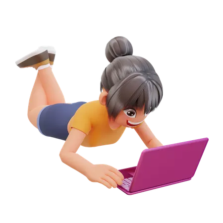 Girl study in laptop at home  3D Illustration