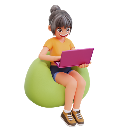 집에서 노트북으로 공부하는 소녀  3D Illustration
