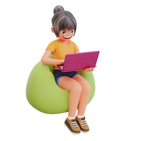 3 D Render Cute Girl Sit Hold Laptop Studying At Home 3D Illustration