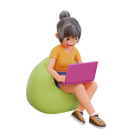 집에서 노트북으로 공부하는 소녀  3D Illustration