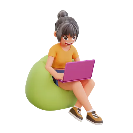 3 Dレンダリングかわいい女の子が座ってノートパソコンを持ち、自宅で勉強している 3D Illustration