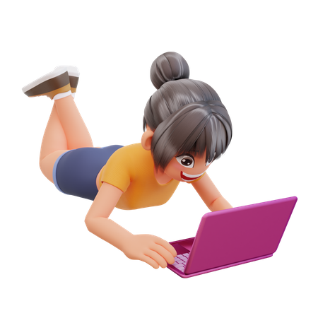 自宅でノートパソコンを使って勉強する少女  3D Illustration