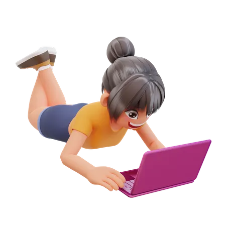 3 Dレンダリングかわいい女の子が座ってノートパソコンを持ち、自宅で勉強している 3D Illustration
