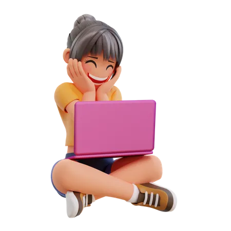 3 D Render Cute Girl Sit Hold Laptop Studying At Home 3D Illustration