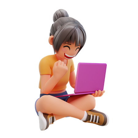 自宅でノートパソコンを使って勉強する少女  3D Illustration