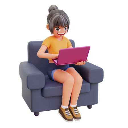 GIrl studying at home in laptop  3D Illustration