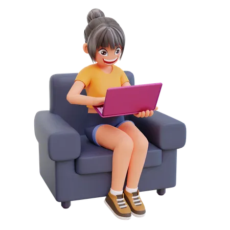 GIrl studying at home in laptop  3D Illustration