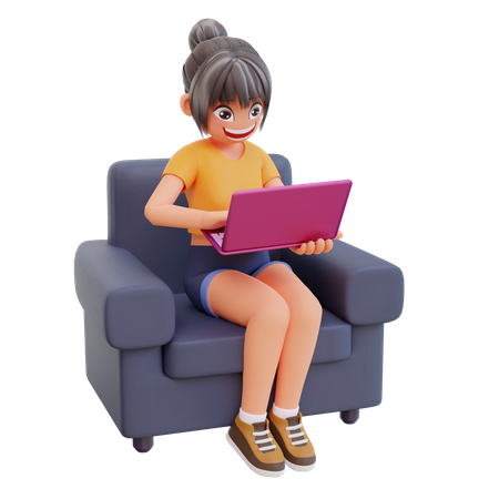 自宅でノートパソコンを使って勉強する女の子  3D Illustration