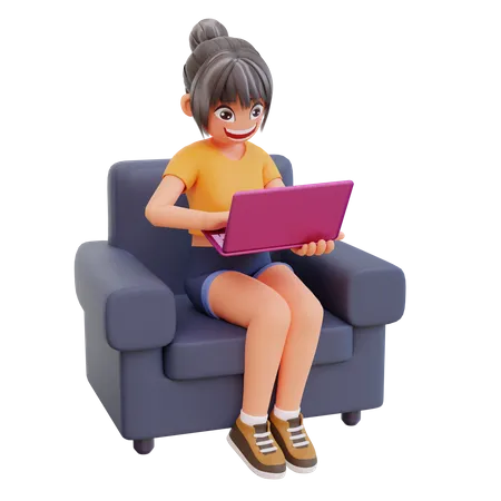 GIrl studying at home in laptop  3D Illustration