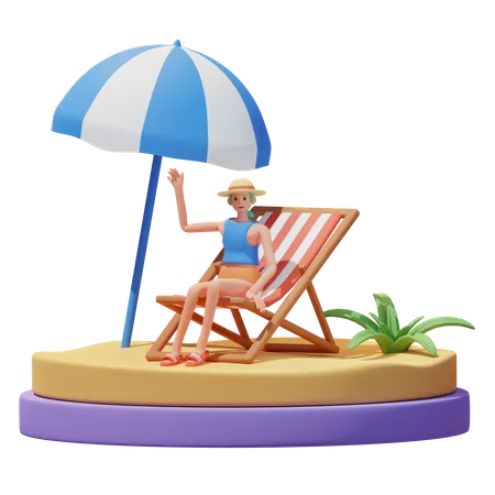 Girl Sunbathing on the Chair at Beach  3D Illustration