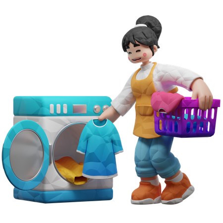 Girl Taking Clothes Out Of Washing Machine  3D Illustration