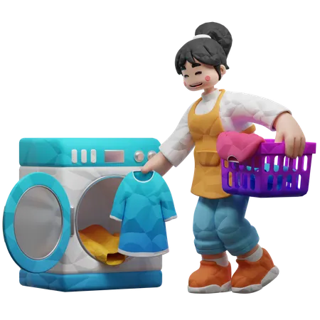 Girl Taking Clothes Out Of Washing Machine  3D Illustration