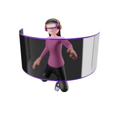 Girl taking panorama experience using vr goggles 3D Illustration