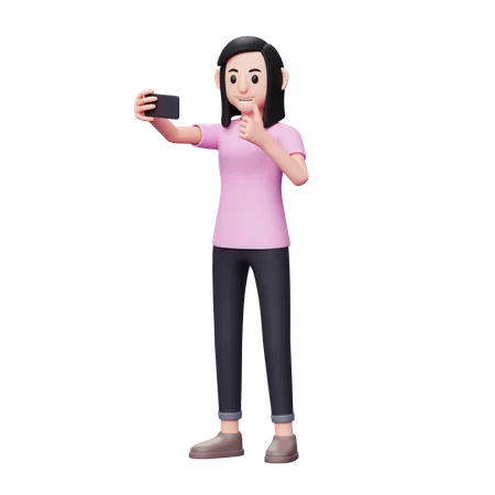 Sweet Girl Posing Take A Selfie By Mobile Phone Shoot Video For Social Media Content With A Thumbs Up 3 D Character Illustration 3D Illustration
