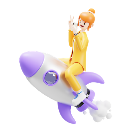 Girl Taking Selfie While Rocket Ride  3D Illustration