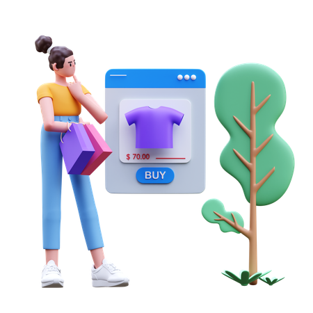 Girl Thinking About Online Buying T Shirt  3D Illustration