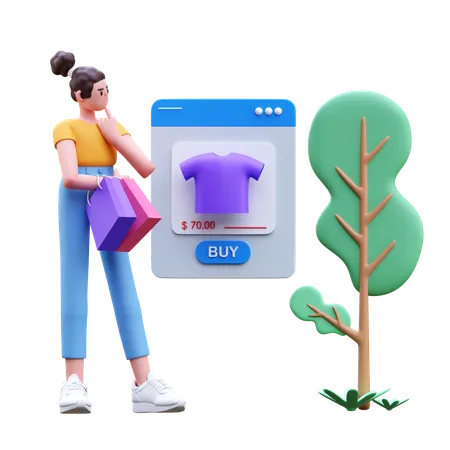 Girl Thinking About Online Buying T Shirt  3D Illustration