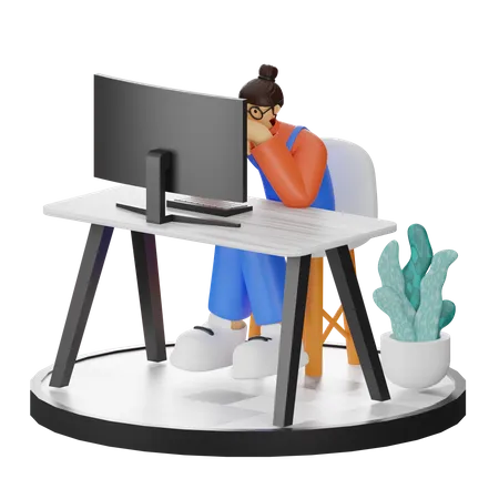Girl Thinking of ideas at work 3D Illustration