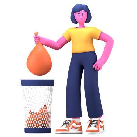 Girl throw trash in can  3D Illustration