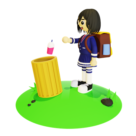 Girl throwing garbage in bin  3D Icon
