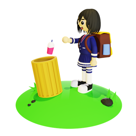 Girl throwing garbage in bin 3D Illustration