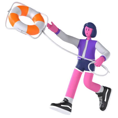 Girl throwing lifebuoy for safety  3D Illustration