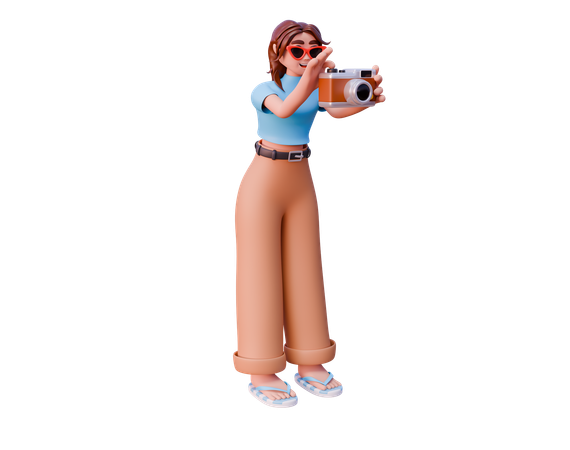 Girl Tourist Taking Photo Using Camera  3D Illustration