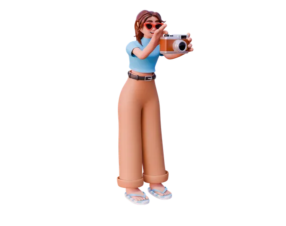 Girl Tourist Taking Photo Using Camera  3D Illustration