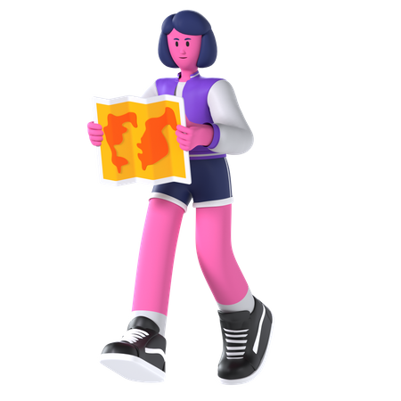 Girl travel by using map  3D Icon