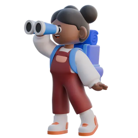 Girl Using Binocular  3D Illustration