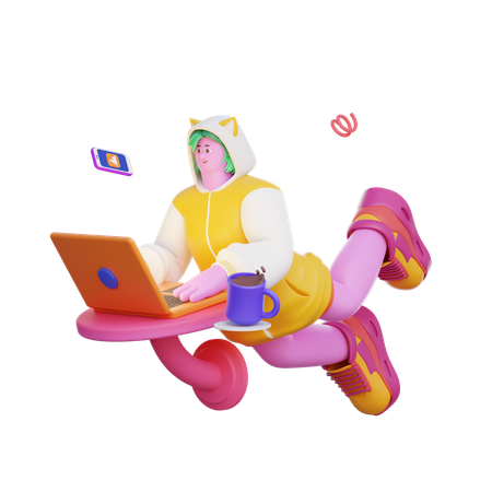 Girl using laptop  3D Illustration