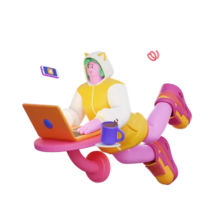 Girl using laptop  3D Illustration