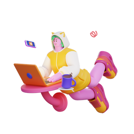 Girl using laptop 3D Illustration