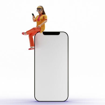 Girl using mobile while seating on big phone 3D Illustration
