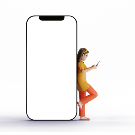 Girl using mobile while standing behind big mobile  3D Illustration