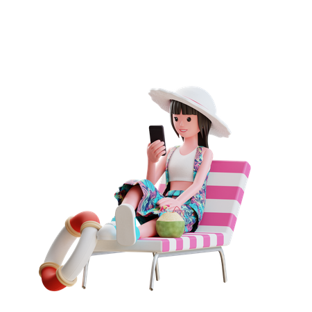 Girl Using Smartphone On Beach  3D Illustration