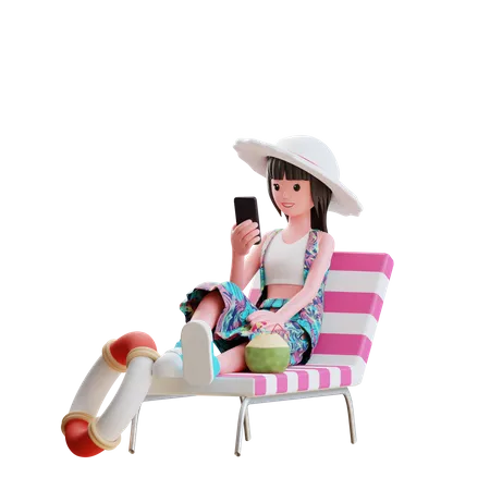 Girl Using Smartphone On Beach  3D Illustration