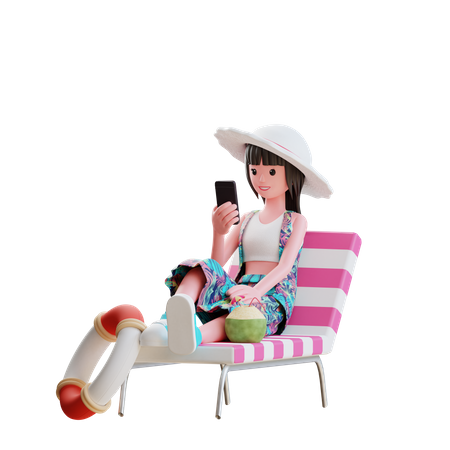 Girl Using Smartphone On Beach 3D Illustration