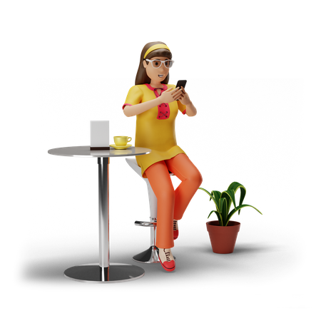 Girl Using smartphone while seating on table  3D Illustration