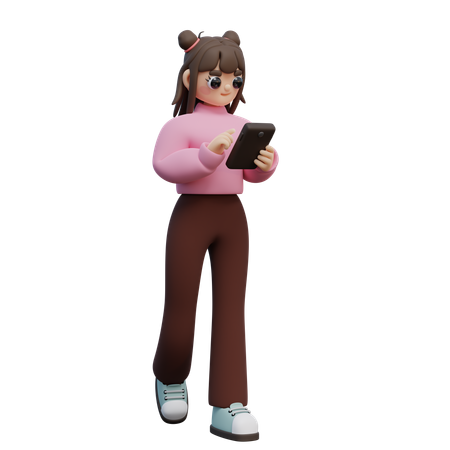 Girl Walking And Look At Smartphone  3D Icon