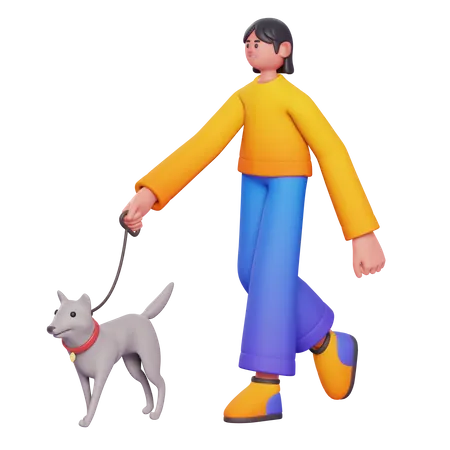 Girl Walking Dog  3D Illustration