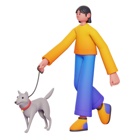 Girl Walking Dog  3D Illustration