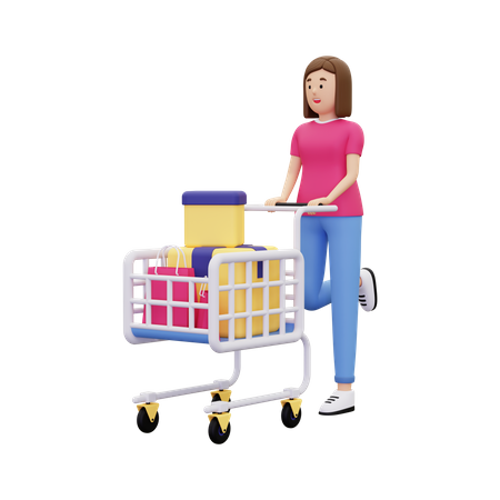 Girl walking with shopping cart  3D Icon