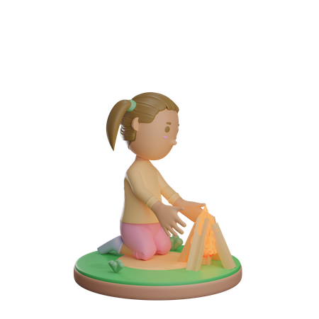 Girl warming body in the bonfire 3D Illustration