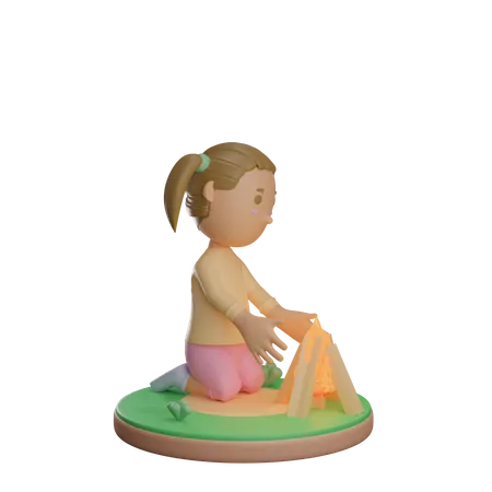 Girl warming body in the bonfire  3D Illustration